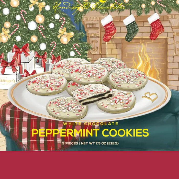 White chocolate peppermint sandwich cookies topped with crushed candy cane pieces on a plate