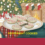 White chocolate peppermint sandwich cookies topped with crushed candy cane pieces on a plate