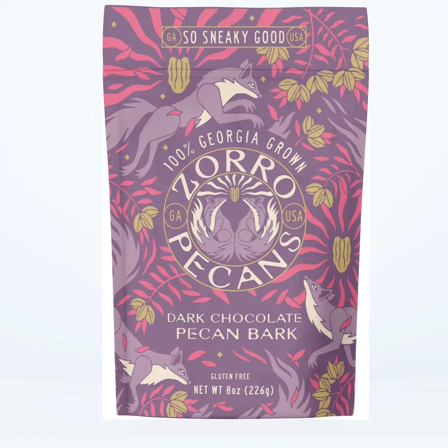 Zorro Pecans dark chocolate pecan bark 8oz purple bag with fox illustrations