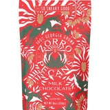 Red holiday pouch of Zorro Pecans milk chocolate covered pecans, 8oz gluten-free bag