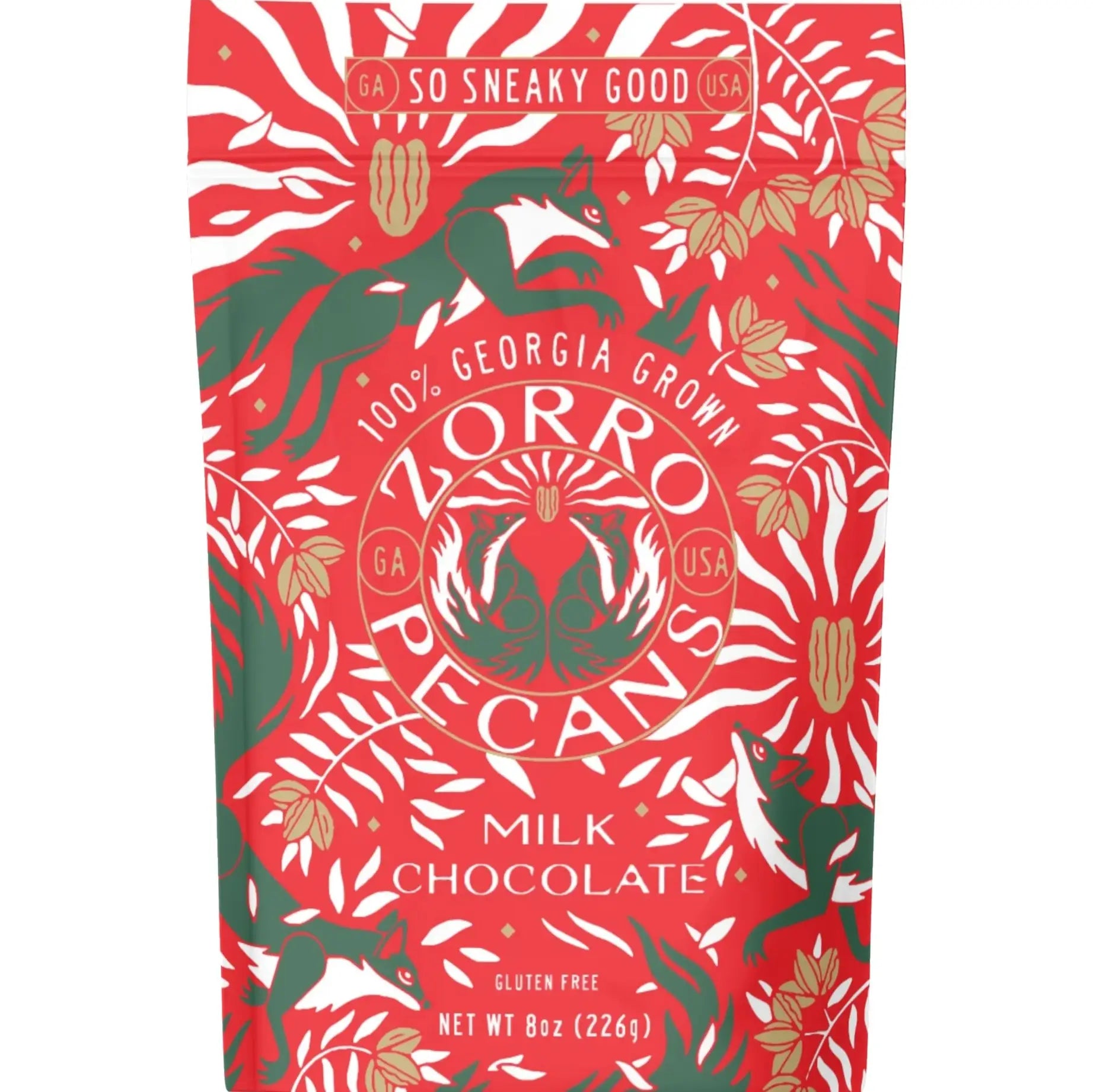 Red holiday pouch of Zorro Pecans milk chocolate covered pecans, 8oz gluten-free bag