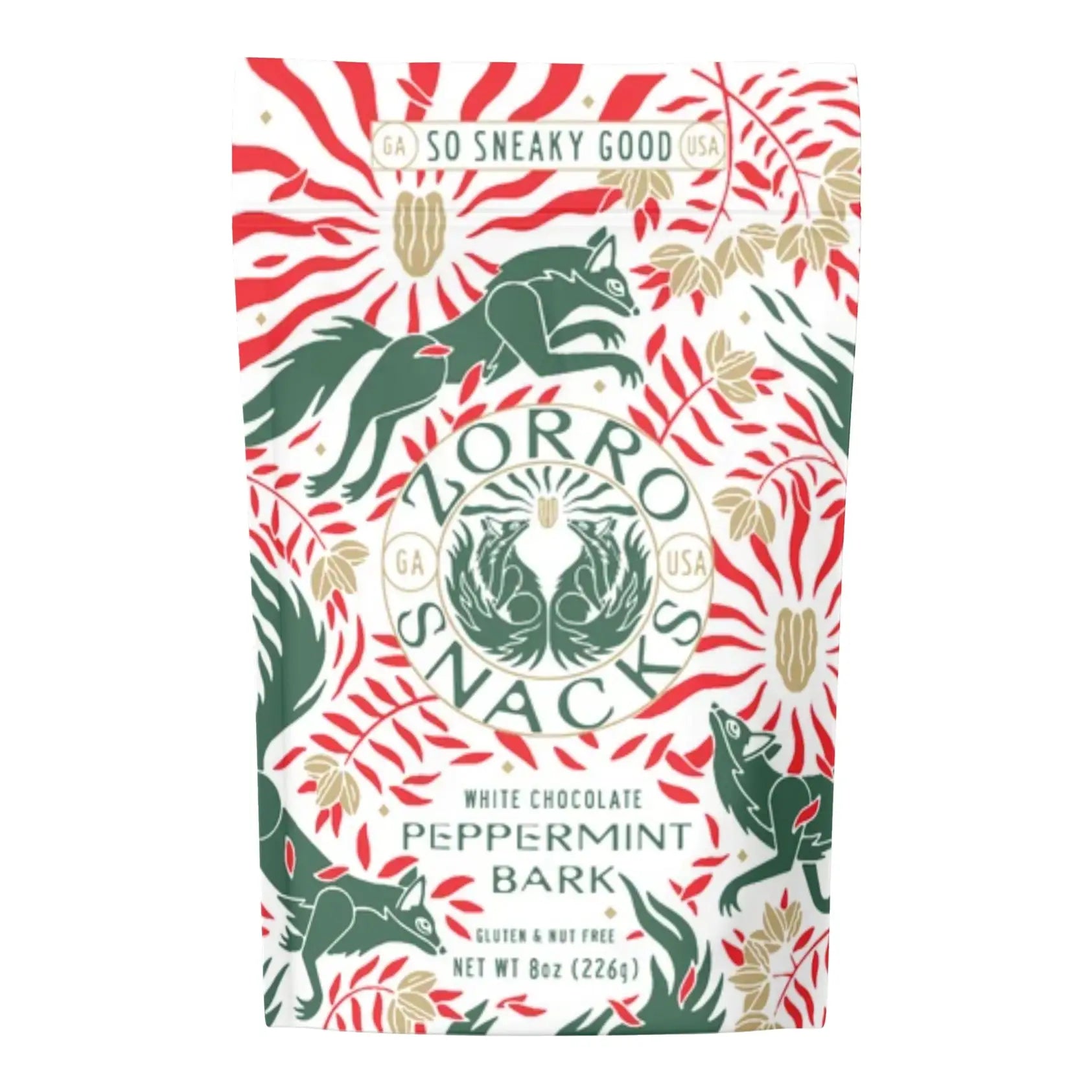 Zorro Snacks White Chocolate Peppermint Bark 8oz bag with red and green fox design
