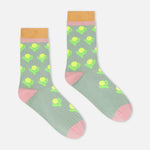 Aqua green crew socks with lime floral pattern, pink heel and toe, mustard cuff
