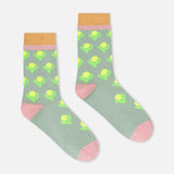 Aqua green crew socks with lime floral pattern, pink heel and toe, mustard cuff