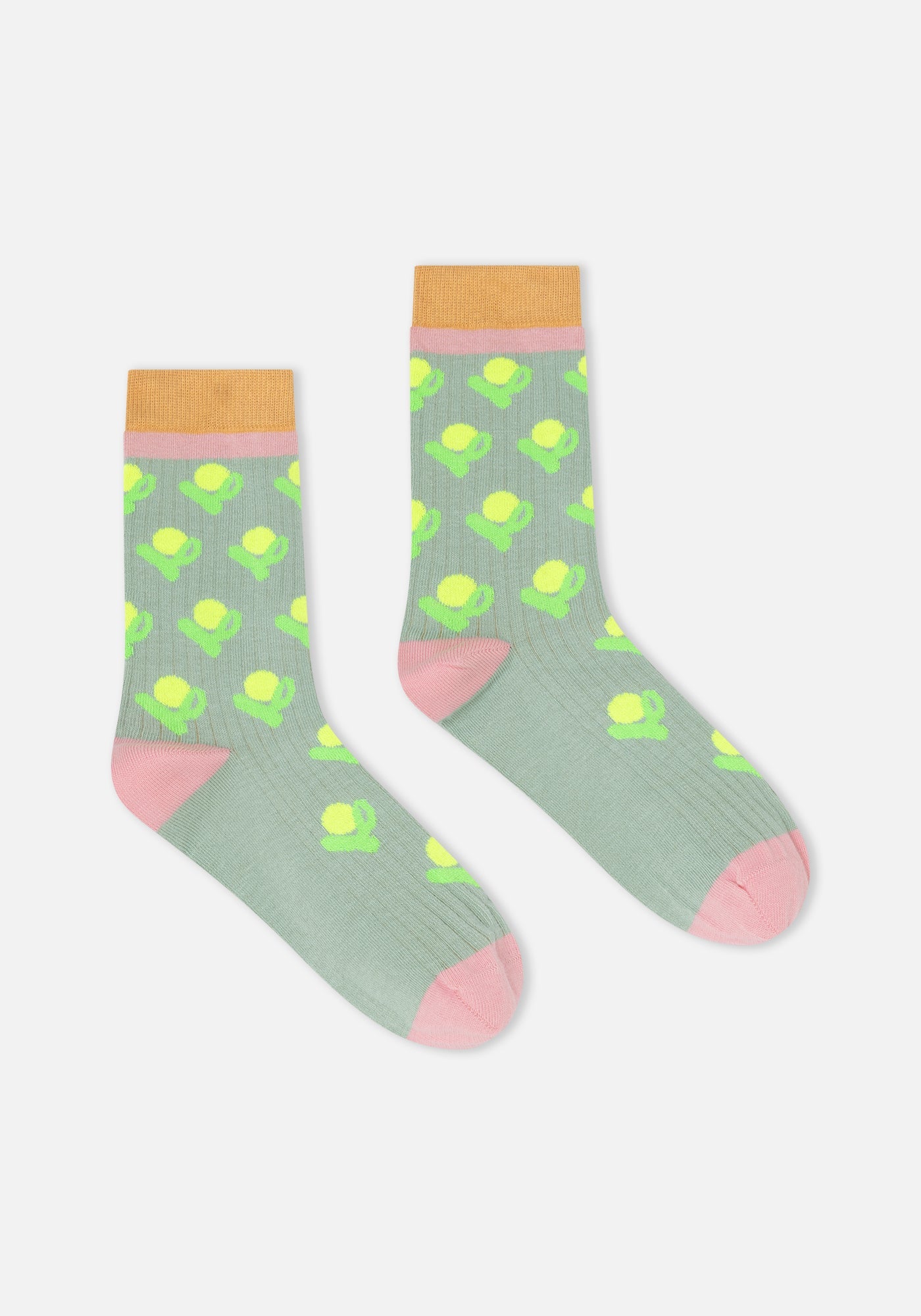 Aqua green crew socks with lime floral pattern, pink heel and toe, mustard cuff