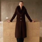 Dark chocolate brown cashmere long coat with oversized fur collar and gold buttons