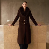 Dark chocolate brown cashmere long coat with oversized fur collar and gold buttons
