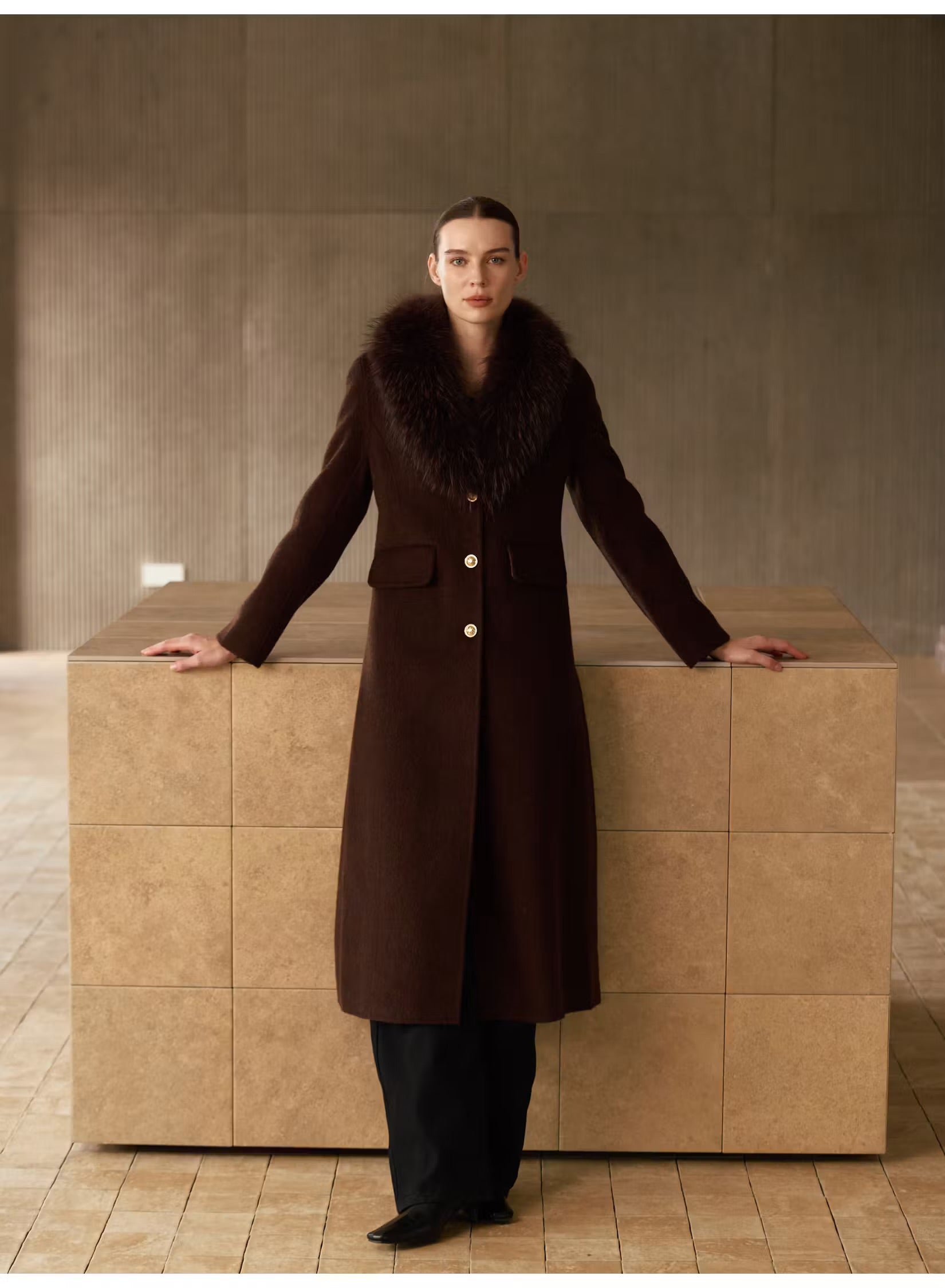 Dark chocolate brown cashmere long coat with oversized fur collar and gold buttons