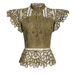 Olive green Battenberg lace peplum top with high neck and flutter cap sleeves