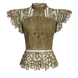 Olive green Battenberg lace peplum top with high neck and flutter cap sleeves