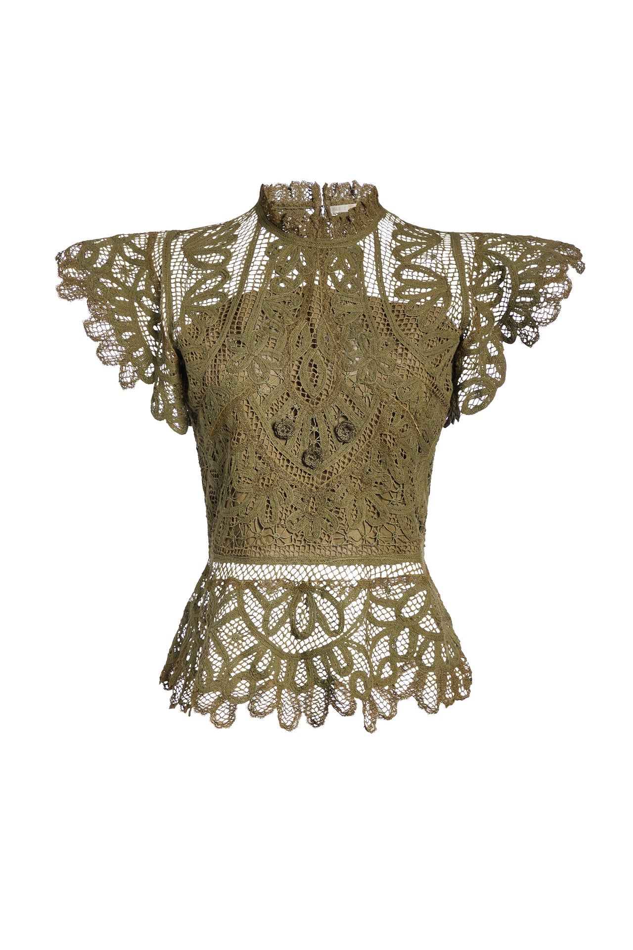 Olive green Battenberg lace peplum top with high neck and flutter cap sleeves