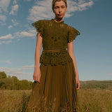 Olive green crochet lace top with flutter sleeves and scalloped hem detail