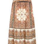 Cream and brown paisley printed tiered midi skirt with drop waist yoke panel
