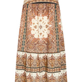 Cream and brown paisley printed tiered midi skirt with drop waist yoke panel