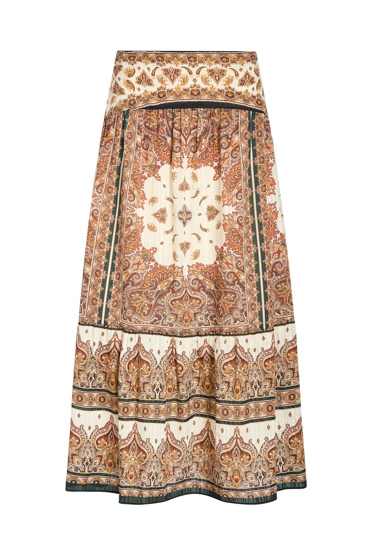 Cream and brown paisley printed tiered midi skirt with drop waist yoke panel
