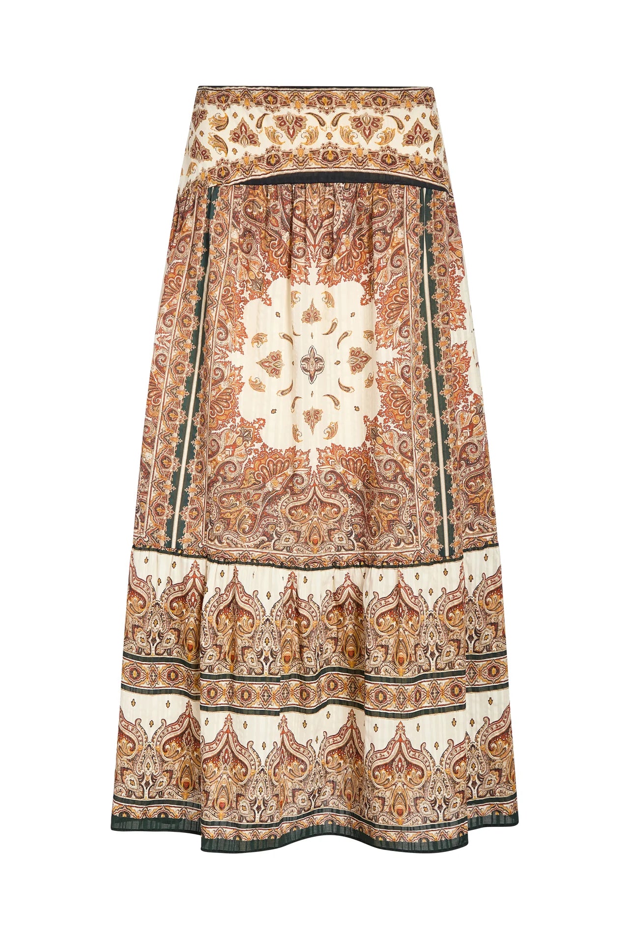 Cream and brown paisley printed tiered midi skirt with drop waist yoke panel