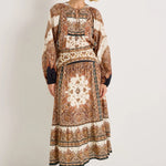 Cream and brown paisley print midi skirt with tiered hem and elastic waist