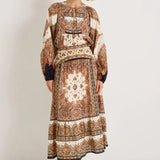Cream and brown paisley print midi skirt with tiered hem and elastic waist