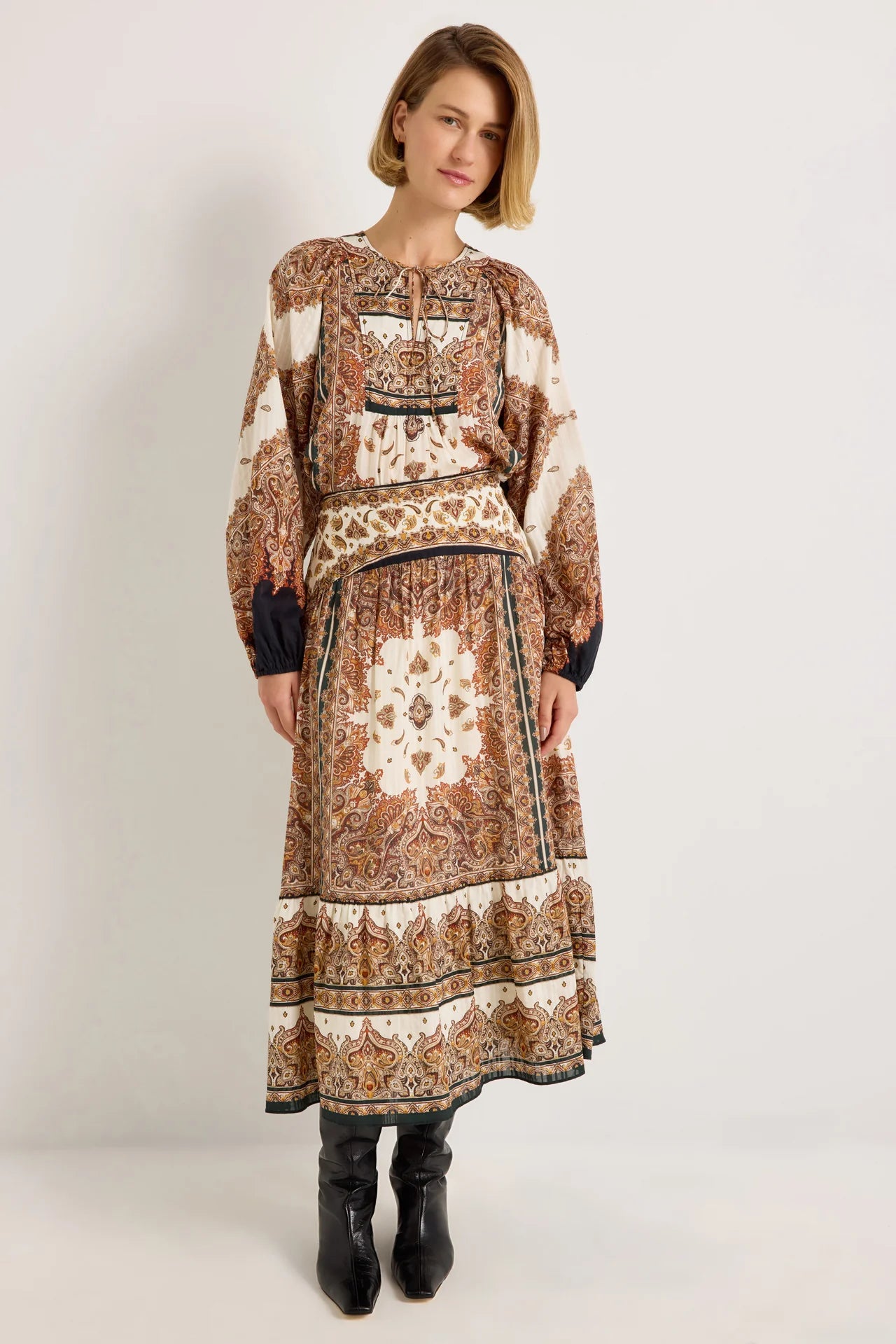 Cream and brown paisley print midi skirt with tiered hem and elastic waist