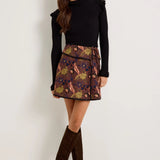 Brown floral embroidered wrap mini skirt with foldover waist and contrast trim detail
