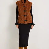 Brown teddy sherpa vest with toggle closures and high collar by Marie Oliver
