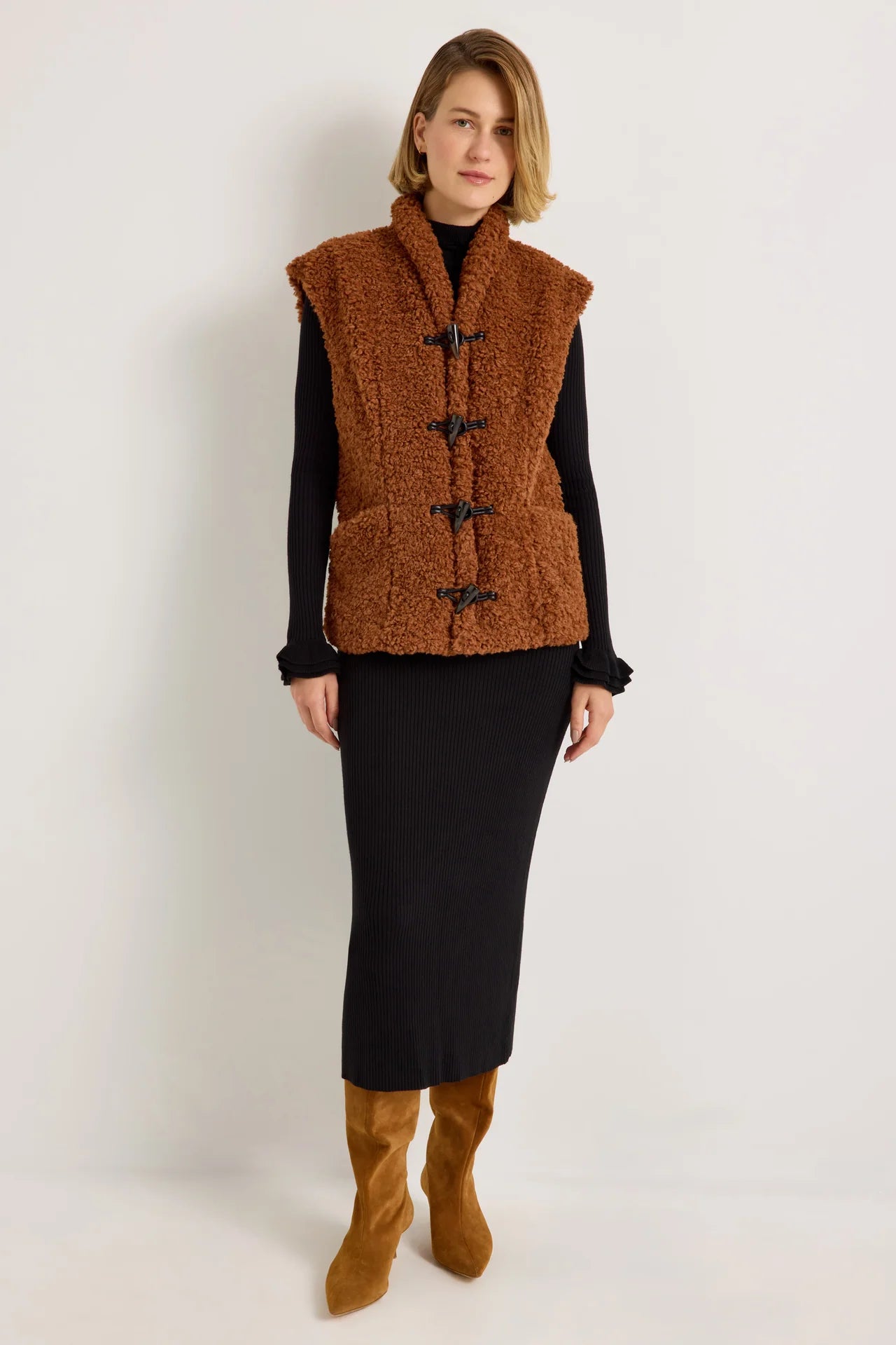Brown teddy sherpa vest with toggle closures and high collar by Marie Oliver