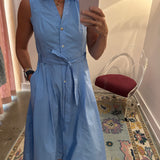 Sleeveless A Line Blue Button Down Dress