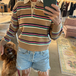 Camel striped wool cashmere rugby sweater with pink, green, navy stripes and polo collar