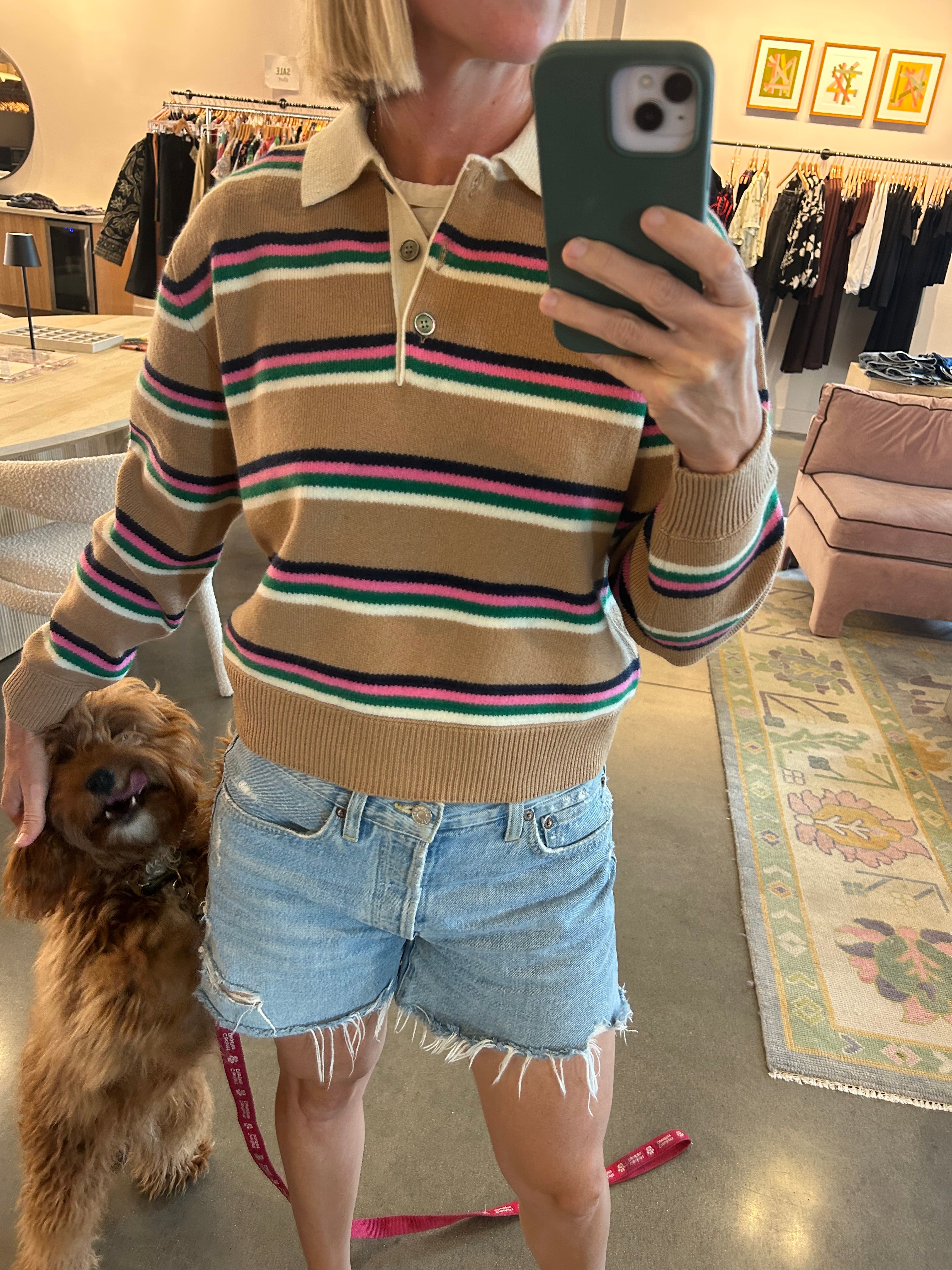 Camel striped wool cashmere rugby sweater with pink, green, navy stripes and polo collar