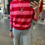 Stripe Cashmere Crew in Pink and Raspberry