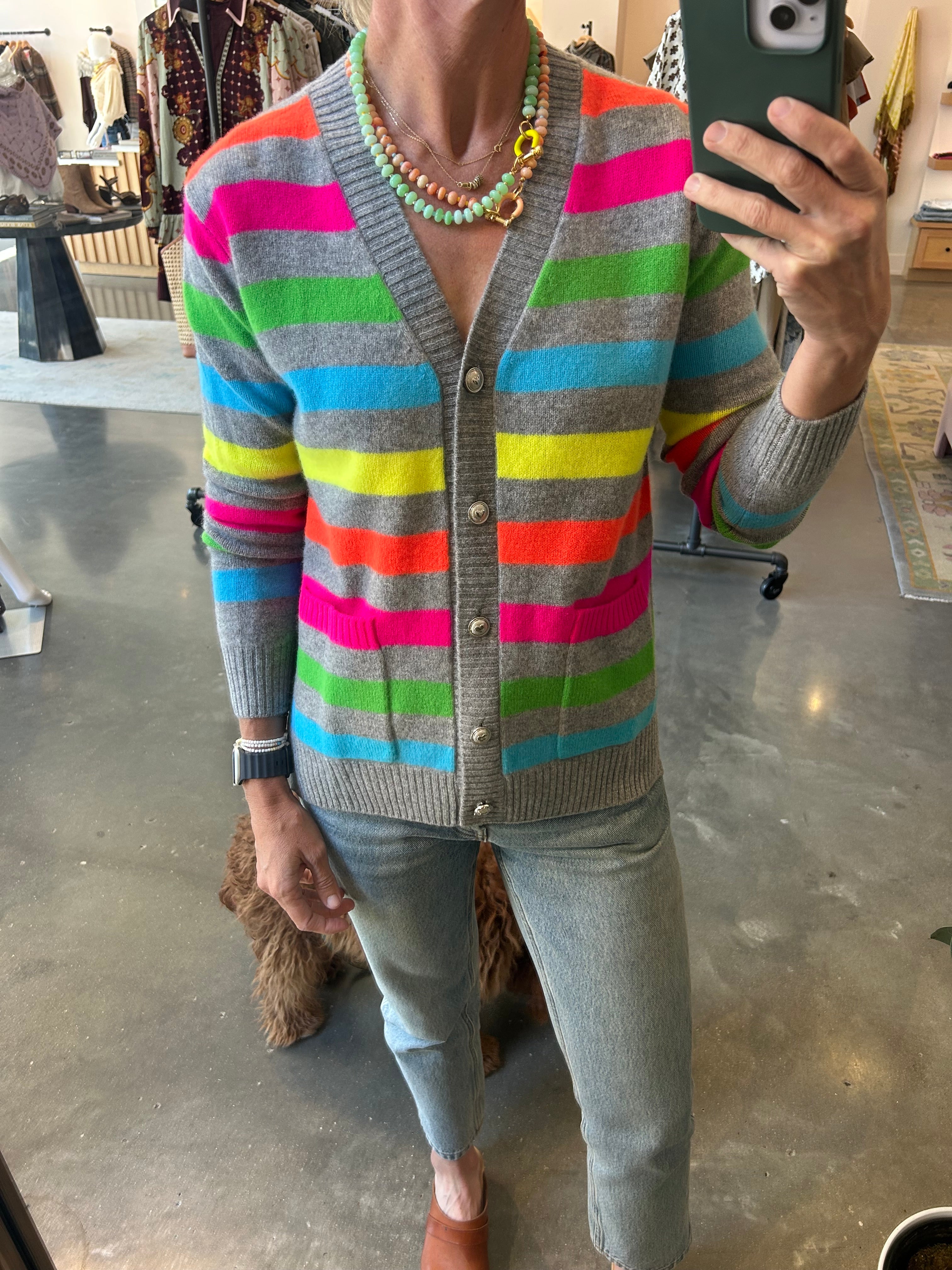 Vilagallo gray cardigan with neon multicolor stripes and gold buttons