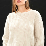 Cashmere Wool Raw Cut Cable Crew in Stone