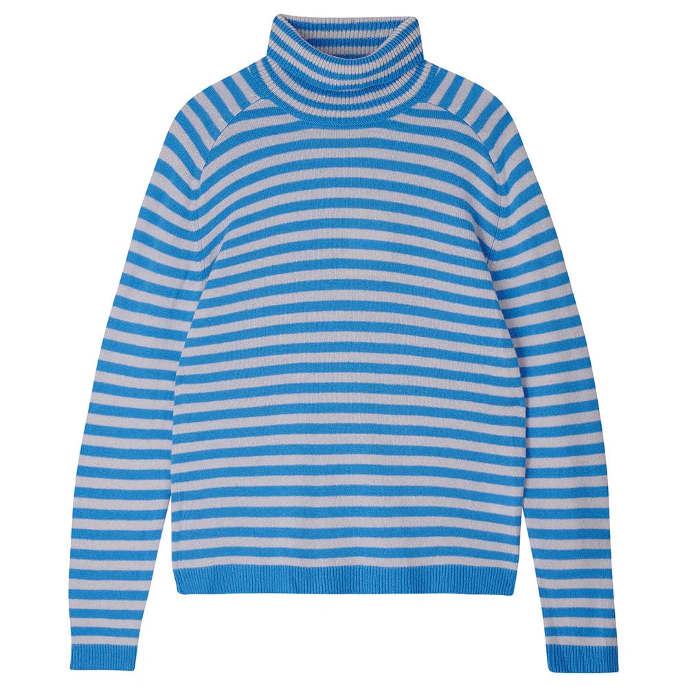 Narrow Stripe Roll Collar Sweater -Sky