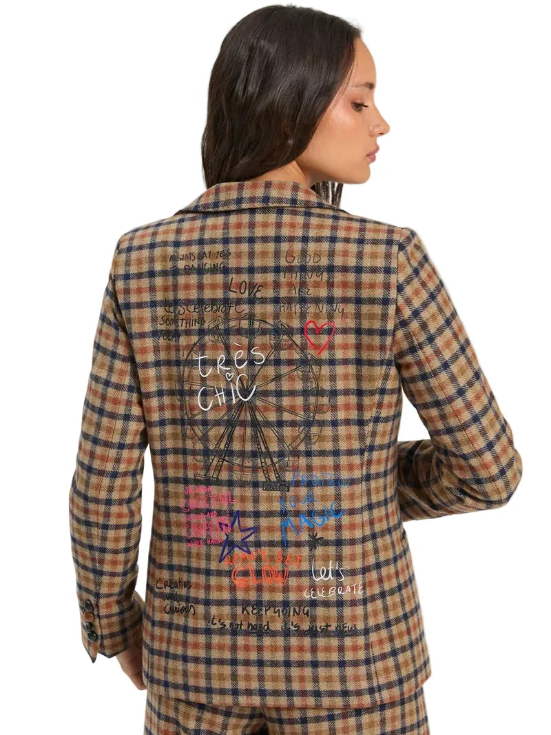 Camel plaid blazer with colorful graffiti text and ferris wheel graphic on back