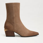 Sam Edelman Harmony taupe suede ankle boot with pointed toe and wood block heel