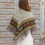 Olive green and brown floral silk bandana scarf with gray fringe trim