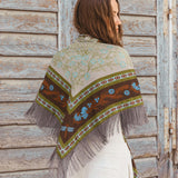 Olive green and brown floral silk bandana scarf with gray fringe trim