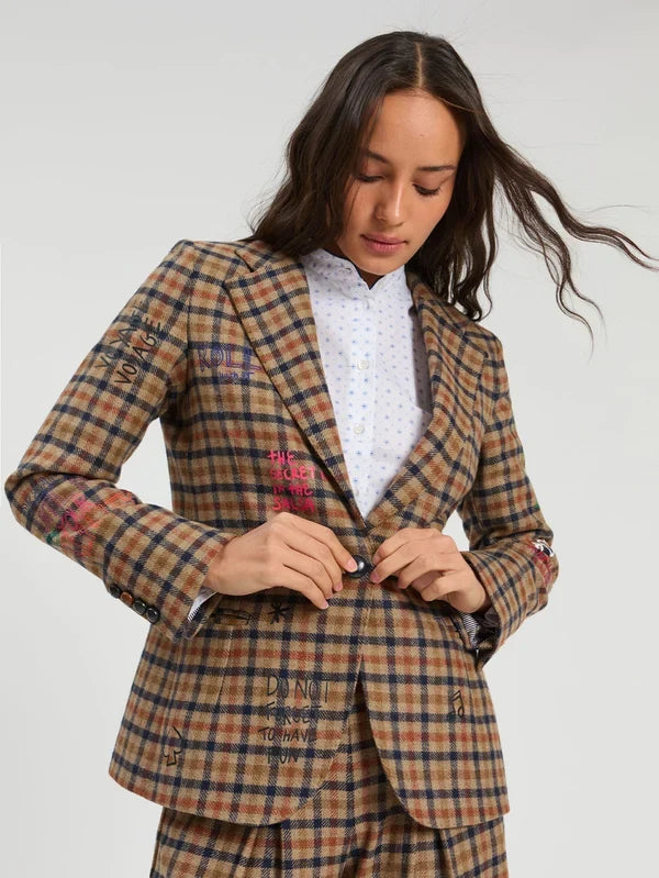 Women's tan navy plaid blazer with colorful graffiti text embroidery throughout