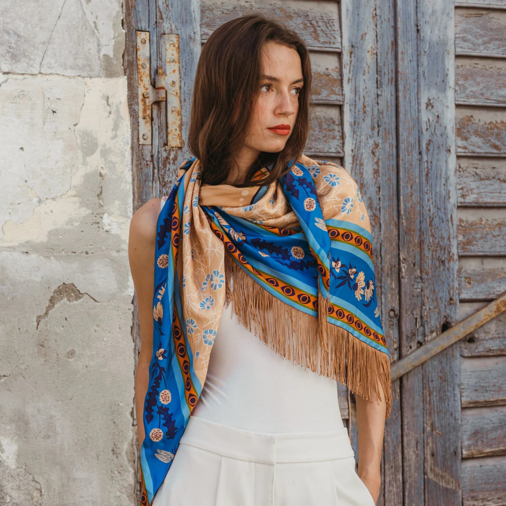 Blue and tan silk fringe bandana scarf with floral and evil eye print