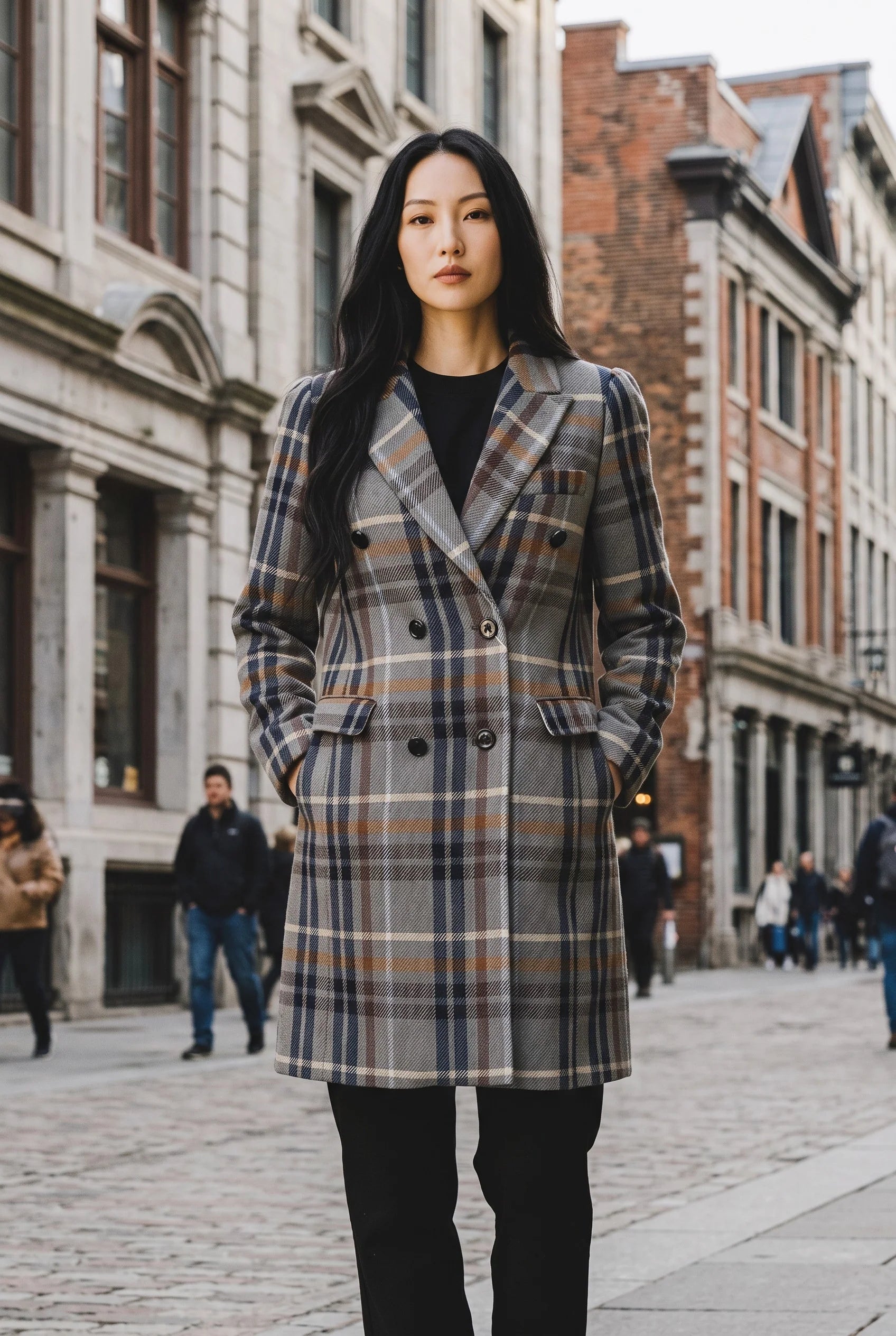 Women's double-breasted plaid wool coat in brown, navy, and cream tartan pattern