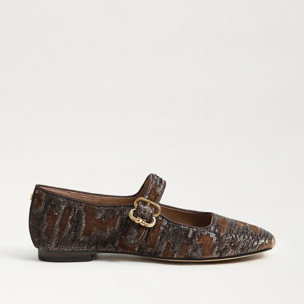Sam Edelman Michaela Mary Jane flat in mushroom brown sequin velvet with gold buckle