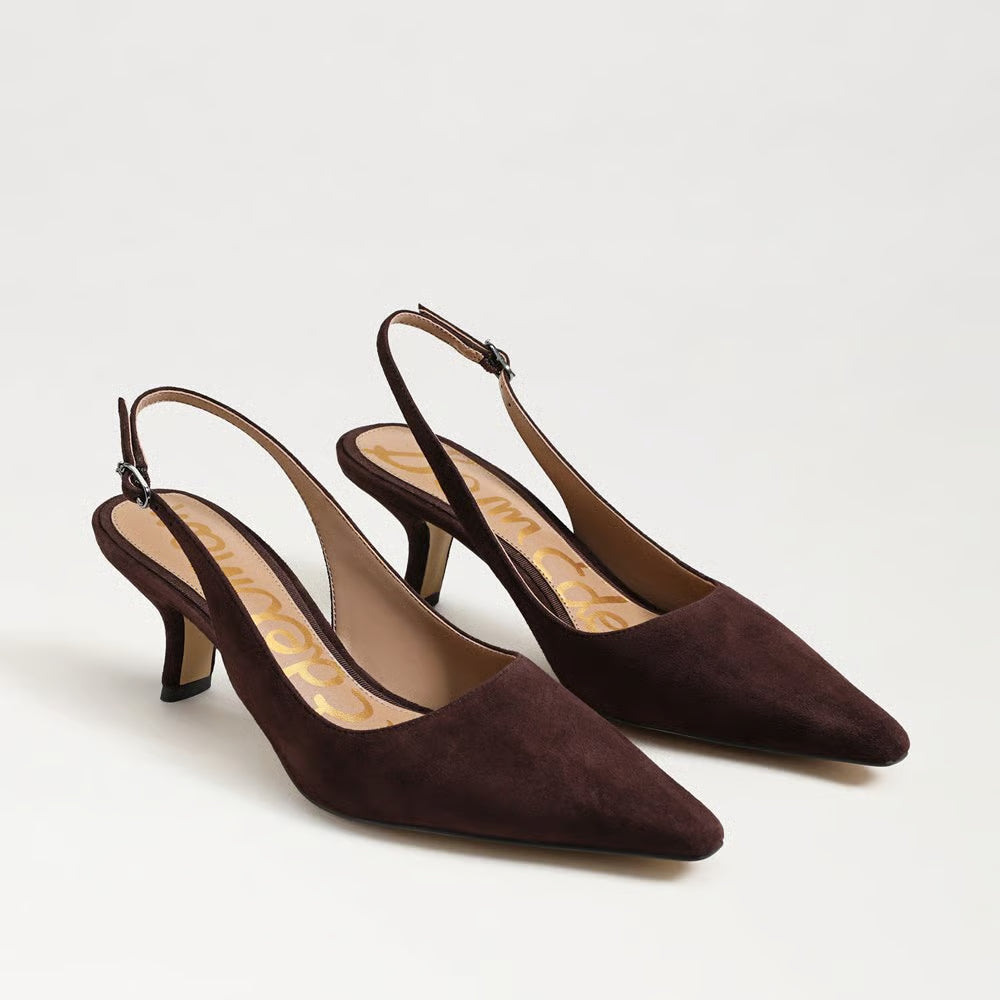 Sam Edelman Bianka dark brown suede pointed-toe slingback kitten heel pumps