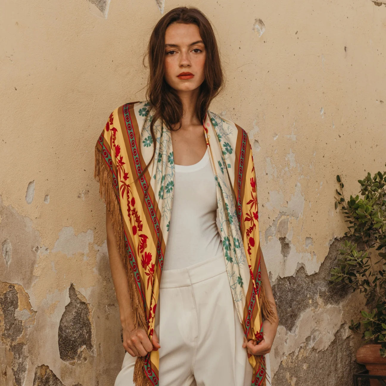 Cream silk fringe bandana with yellow border, red floral and teal botanical print