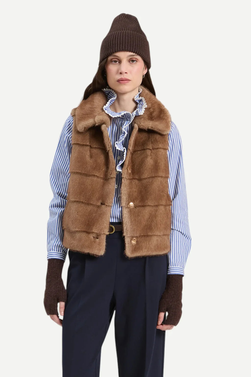 Camel faux fur sleeveless vest with gold buttons and lapel collar